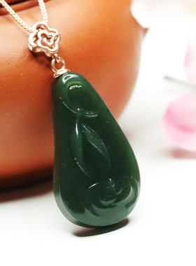 S925银镶和田玉竹叶滴水财运连连吊坠塔青好运招财轻奢小众女款