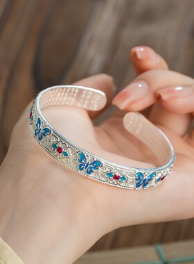 新中式珐琅彩烧蓝蝴蝶心经手镯女国潮古法时尚镀9999足银开口手环