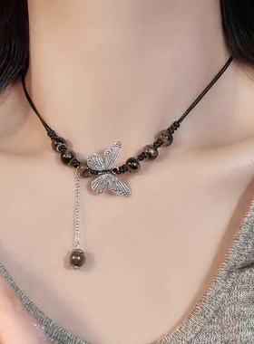 彩色串珠陶瓷蝴蝶编织绳项链新中式民族古风配饰轻奢高级感锁骨链