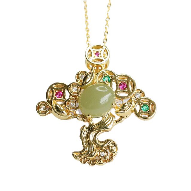 Natural Hetian Jade Qingshui Jade Pendant Copper Money Tree Necklace Hetian Jade Pendant as a Gift for Your Girlfriend in Chinese Style