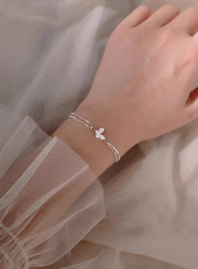 蝴蝶手链女925银ins小众设计冷淡风双层圆珠手饰轻奢闺蜜新款潮