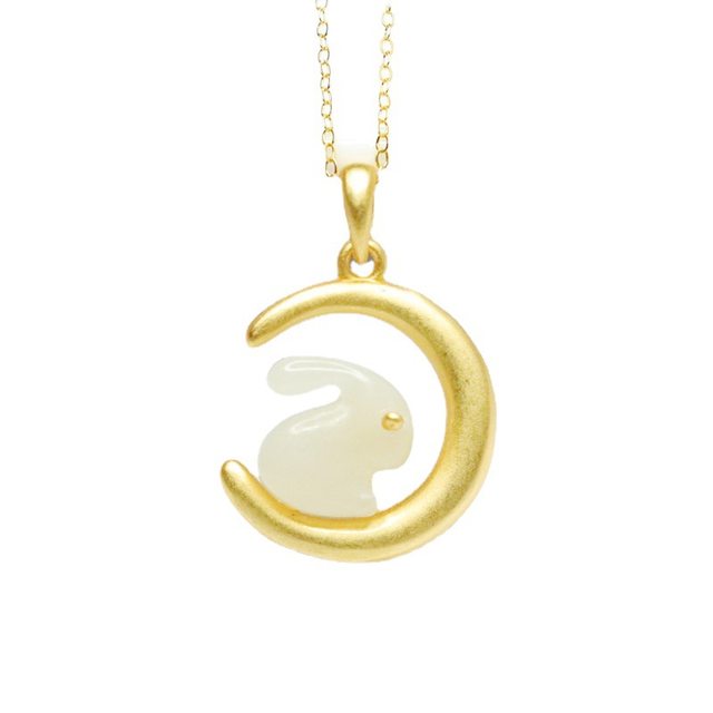 S925 Silver Inlaid Natural Hetian Jade White Jade Pendant Jade Rabbit Moon Necklace Jade Rabbit Rabbit Clavicle Chain Birthday Gift