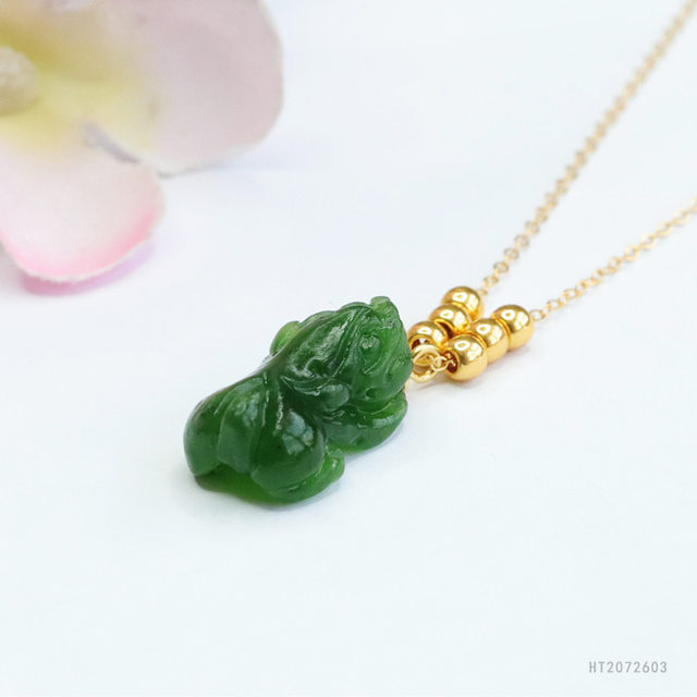 S925 silver inlaid natural Hetian jade pendant 18k gold beads jasper Pixiu sweater chain gift for girlfriend chrysoprase