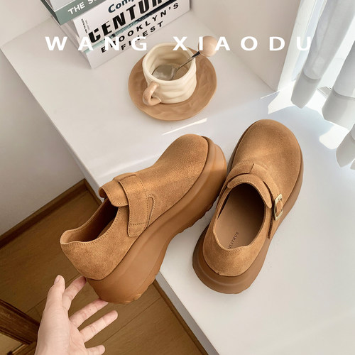 【王小毒】面包勃肯●增高6.5cm~魔术贴厚底鞋女复古包头半拖单鞋 - 图0