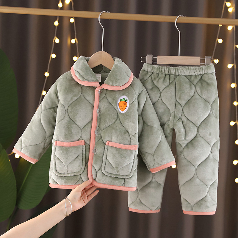 女童套装法兰绒三层加厚款宝宝睡衣 优麦拉家居服套装