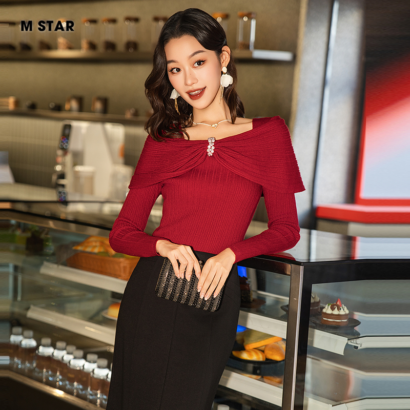 M STAR冬季新款套头毛织上衣长袖羊毛保暖日常休闲红色打底女士 - 图0