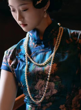 配旗袍珍珠项链双层长款毛衣链