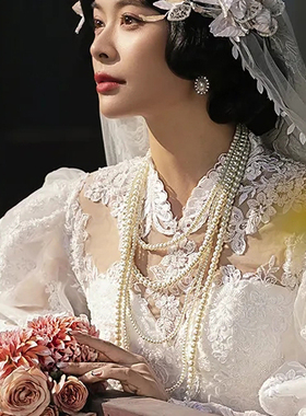 多层珍珠项链配婚纱礼服颈链