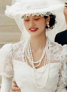 多层珍珠项链配婚纱礼服颈链中长款毛衣链夏季叠戴锁骨链女士011