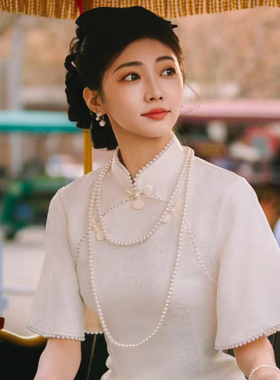 搭配旗袍珍珠项链中长款毛衣链女双层锁骨链颈链配裙子配饰品384