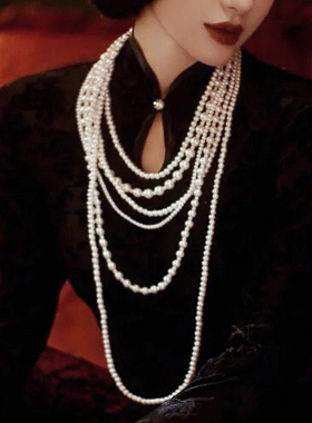 旗袍写真多层珍珠项链女