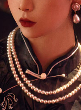 新款搭配旗袍珍珠项链中长款颈链女夏季双层叠戴锁骨链毛衣链381