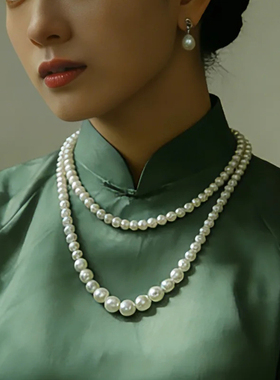 搭配旗袍珍珠项链多层颈链毛衣链