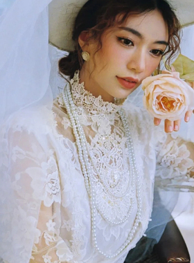 多层珍珠项链女士法式复古配婚纱礼服颈链子项圈中长款配饰品014