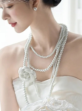 多层珍珠项链配礼服配饰品女颈链子2026新款五层锁骨链中长款662