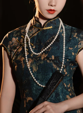 多层珍珠项链配旗袍饰品双层叠戴锁骨链中长款毛衣链女士颈链1974