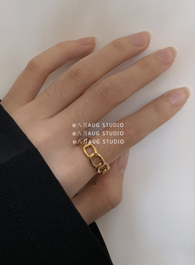八月链条交叉钢金色戒指AUG韩风