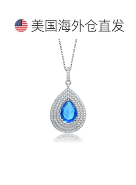 自营 genevive纯银浅蓝色椭圆形泪珠白色立方氧化锆吊坠 - 蓝色