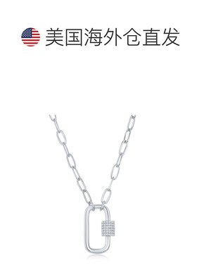 自营 simona925 纯银微型密钉 CZ 椭圆形登山扣回形针项链 - 银白