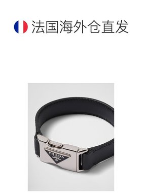 自营欧洲直邮Prada普拉达 Saffiano男士黑色皮革金属三角标识手链