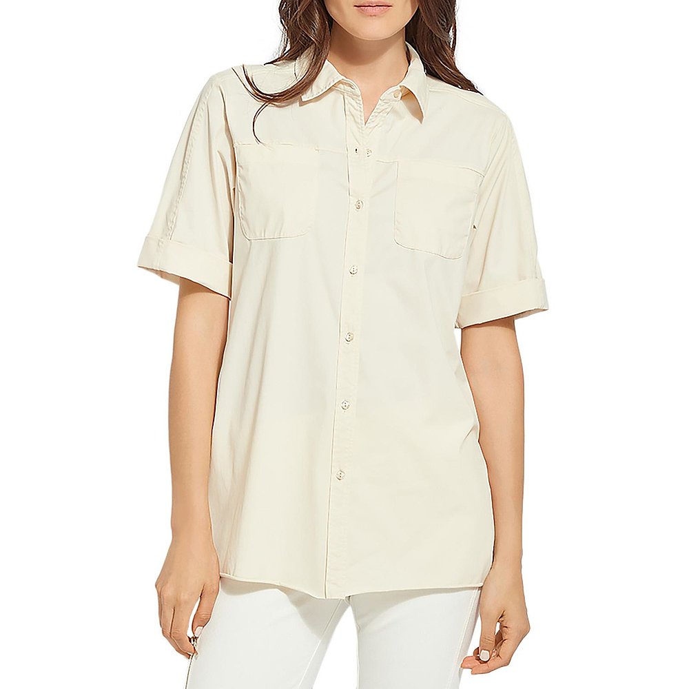 lysse女士 Pointed Collar Split Hem Button-Down Top latte【-图2