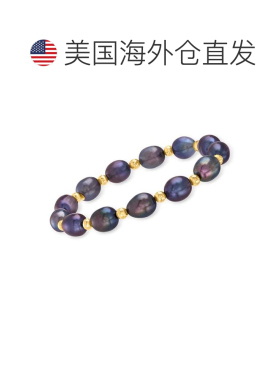 自营Ross-Simons 8-9 毫米黑色养殖珍珠和 14 克拉黄金珠子弹力手