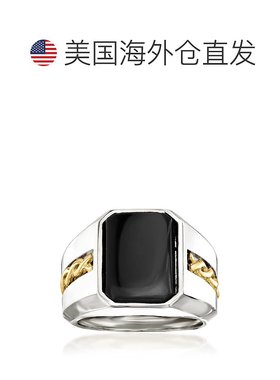 自营 Ross-Simons 925 纯银和 14 克拉黄金男士黑色缟玛瑙戒指 -