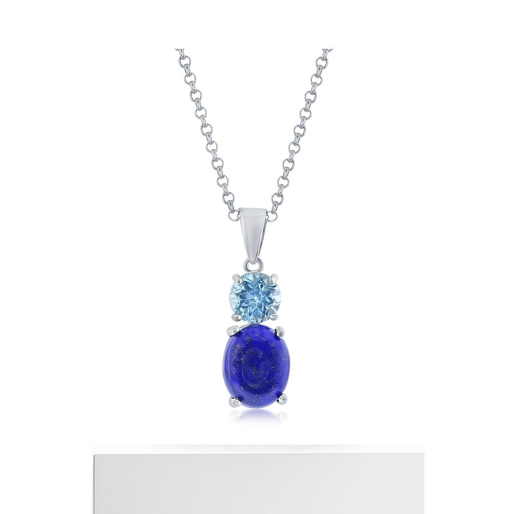 simonaSterling Silver Oval Lapis & Round Gem Pendant - Blue - 图3