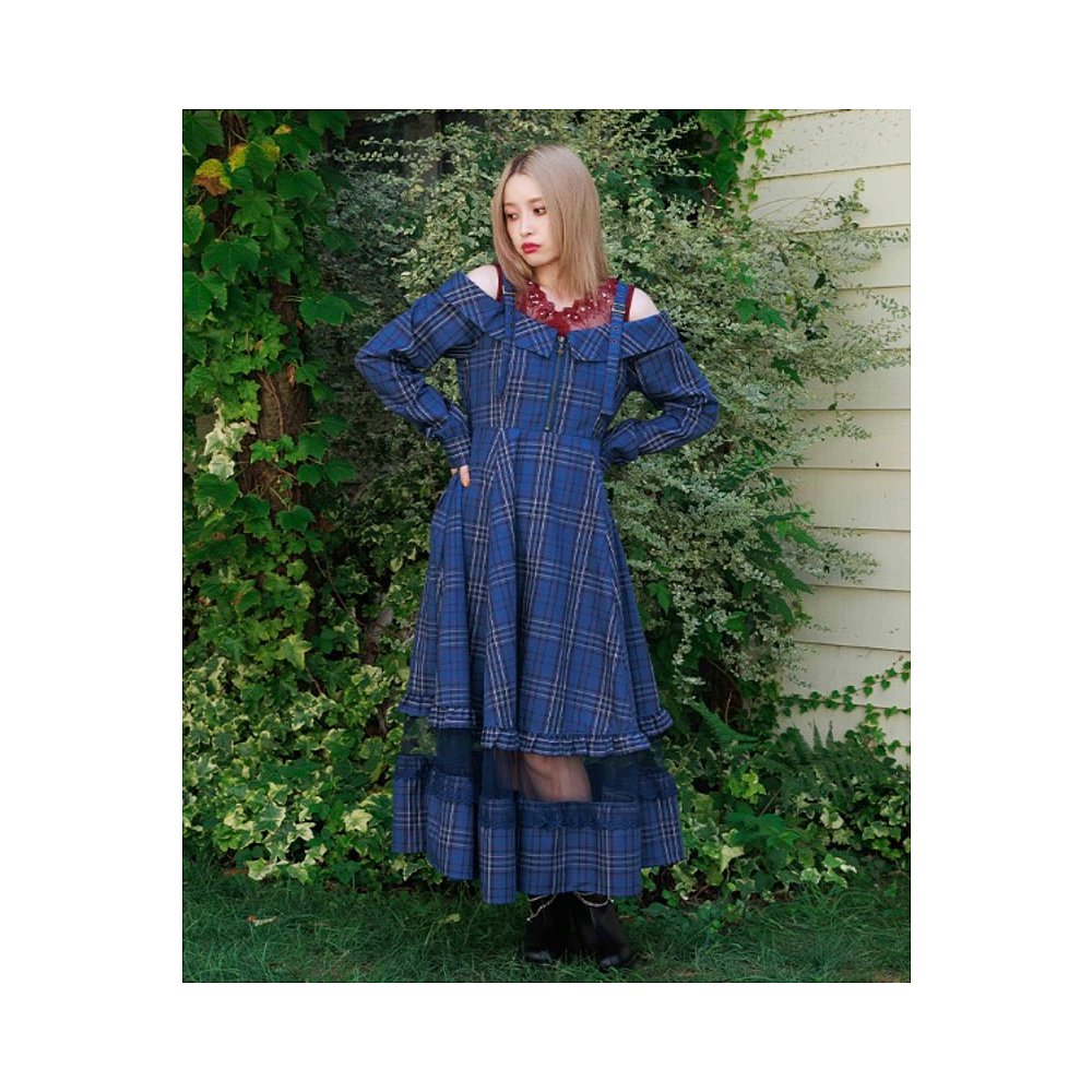 1h可退 日本直邮axes femme 女装 格纹肩开衩连衣裙 蕾丝拼接设计 - 图0