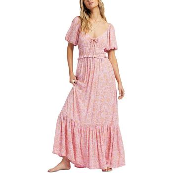 billabong Women's Floral Print Long Shirt Dress - Pink Straight Hair