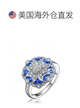 自营 GENEVIVE 纯银蓝宝石立方氧化锆花卉鸡尾酒戒指 - 蓝色 美国