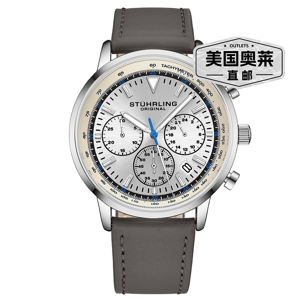 stuhrling original3986L 石英 44 毫米计时码表 - 银色/蓝色 【 - 图0