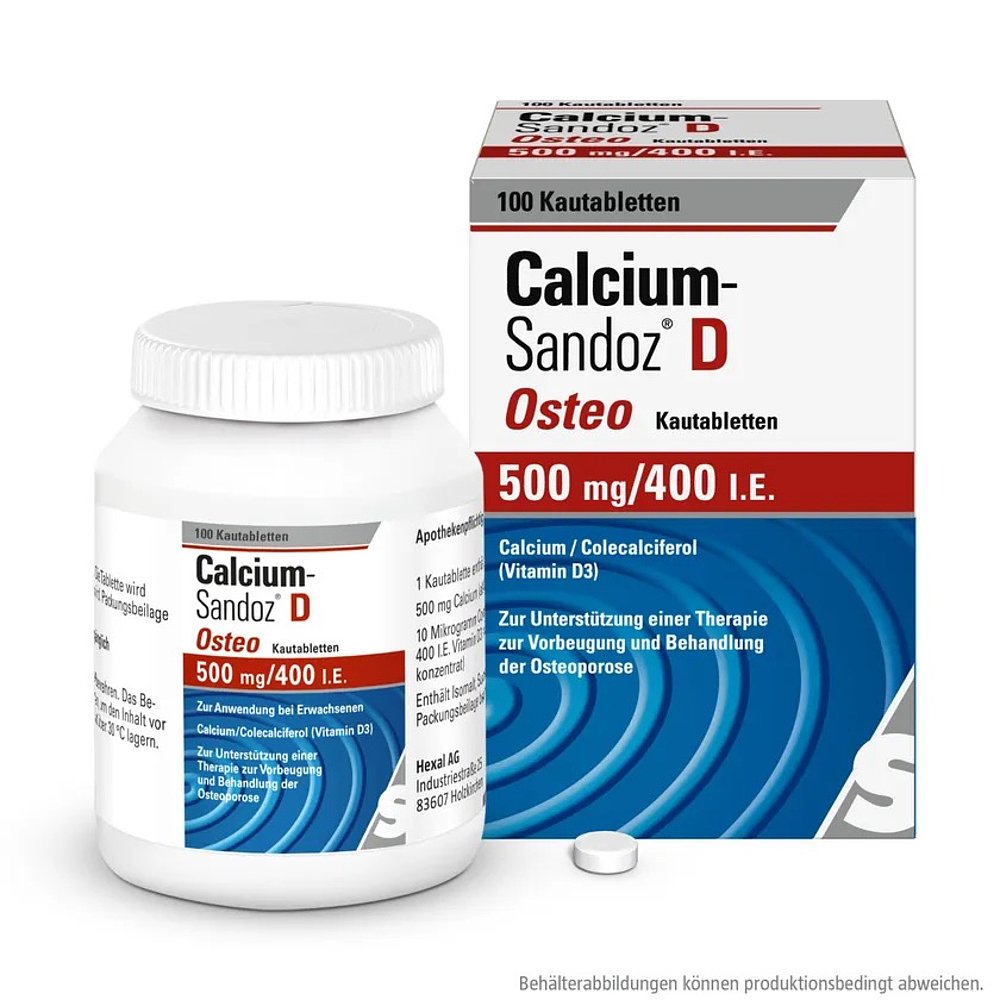 European direct mail German pharmacy Sandoz adult high-dose calcium + vitamin D3 chewable tablets 100 bone health