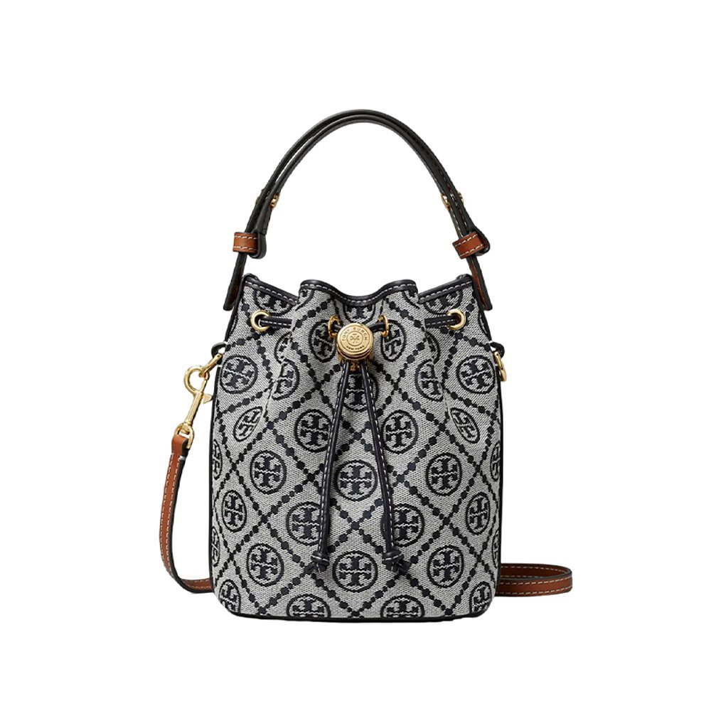 香港直邮Tory Burch汤丽柏琦T MONOGRAM提花图案抽带开合水桶女包 - 图0