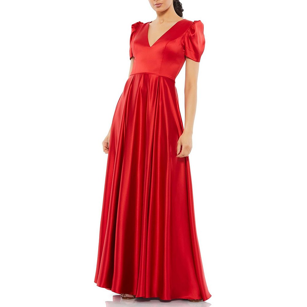 mac duggalWomens Satin Puff Sleeve Evening Dress - red 【美 - 图2