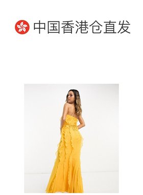 香港直邮潮奢 ASOS 女士设计皱褶抹胸束腰橙色长款连衣裙