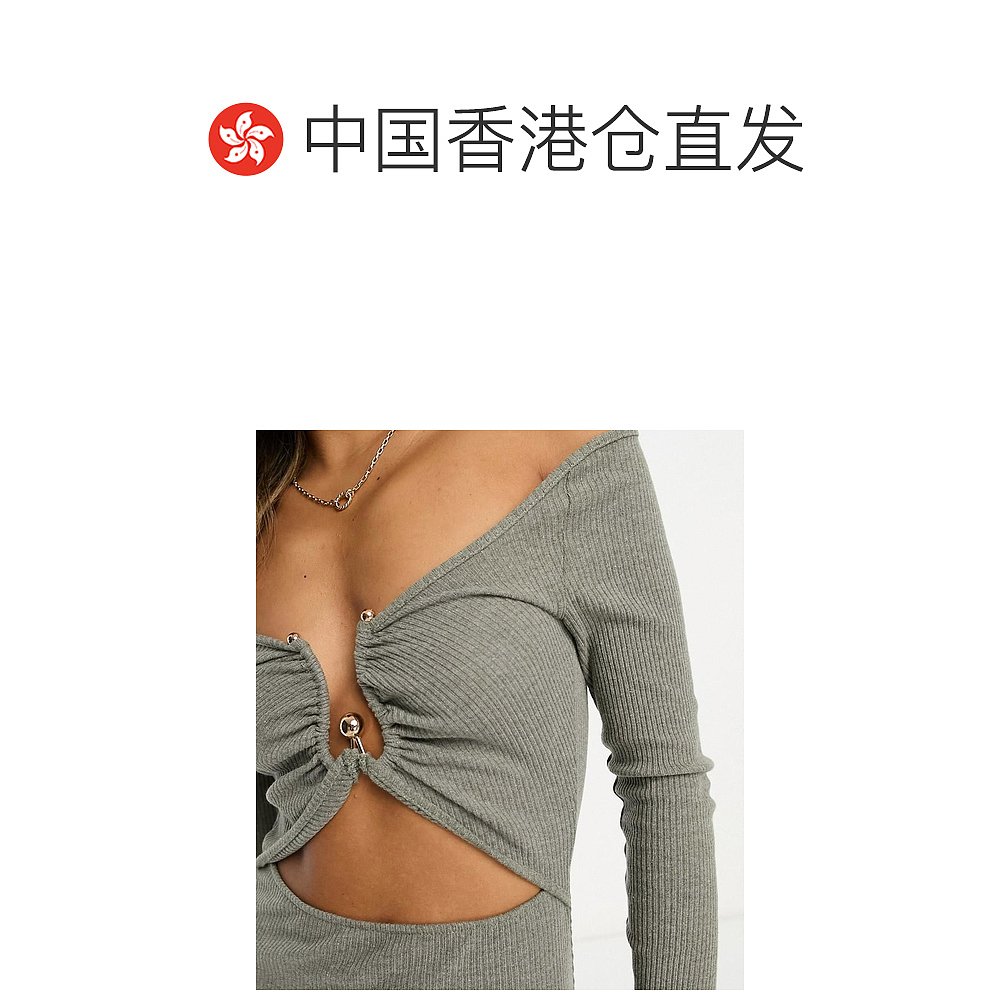 香港直邮潮奢 ASOS 女士设计长袖剪口束腰饰边中长连衣裙(khaki&n - 图1