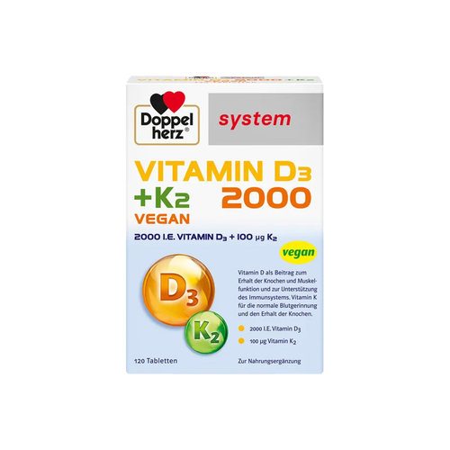 欧洲直邮DoppeHerz双心德国药店版维生素D3维D2000+K2片剂120粒 - 图0