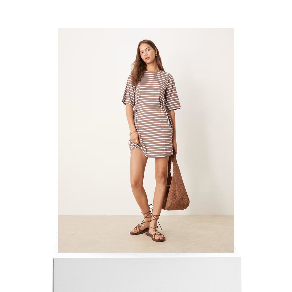 1h可退 潮奢 ASOS 女士 设计条纹紧身迷你束带侧边棕色连衣裙 - 图3