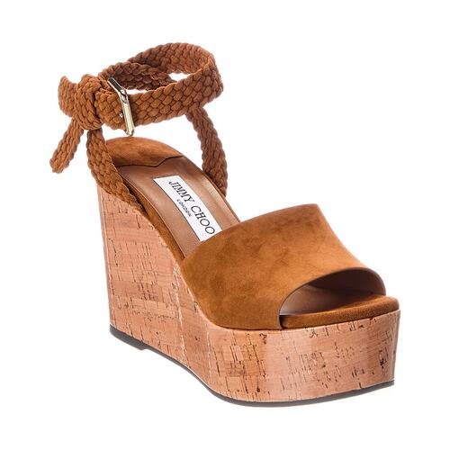 自营Jimmy Choo Jori 100 Suede & Cork Wedge Sandal - brown 美 - 图0