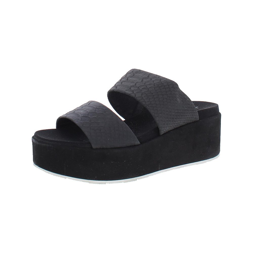 j slidesQuincy Womens Embossed Leather Slides Wedges- black-图2