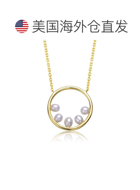 自营genevive纯银 14k 黄金镀白珍珠光环永恒圆形吊坠分层项链 -