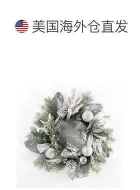 自营safavieh人造 26 英寸磨砂松木花环带装饰品 - 银色/绿色 美