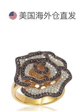 自营 Suzy Levian 金色纯银棕色和白色方晶锆石密钉花戒指 - 棕色
