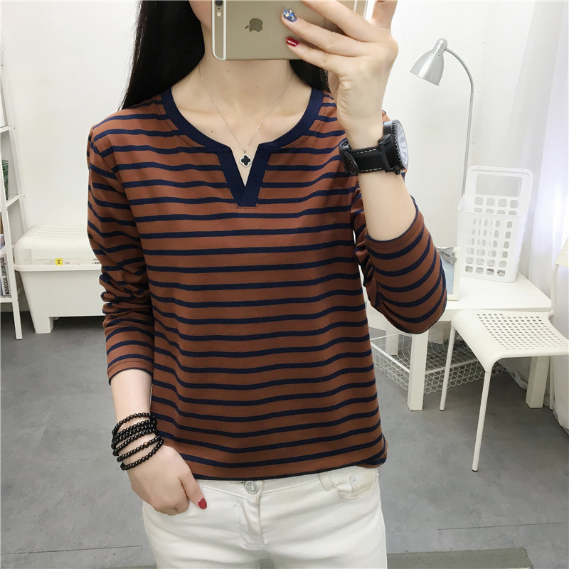 春秋条纹纯棉长袖T恤女修身打底衫上衣