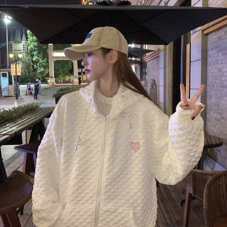 华夫格连帽外套女慵懒学院风开衫卫衣