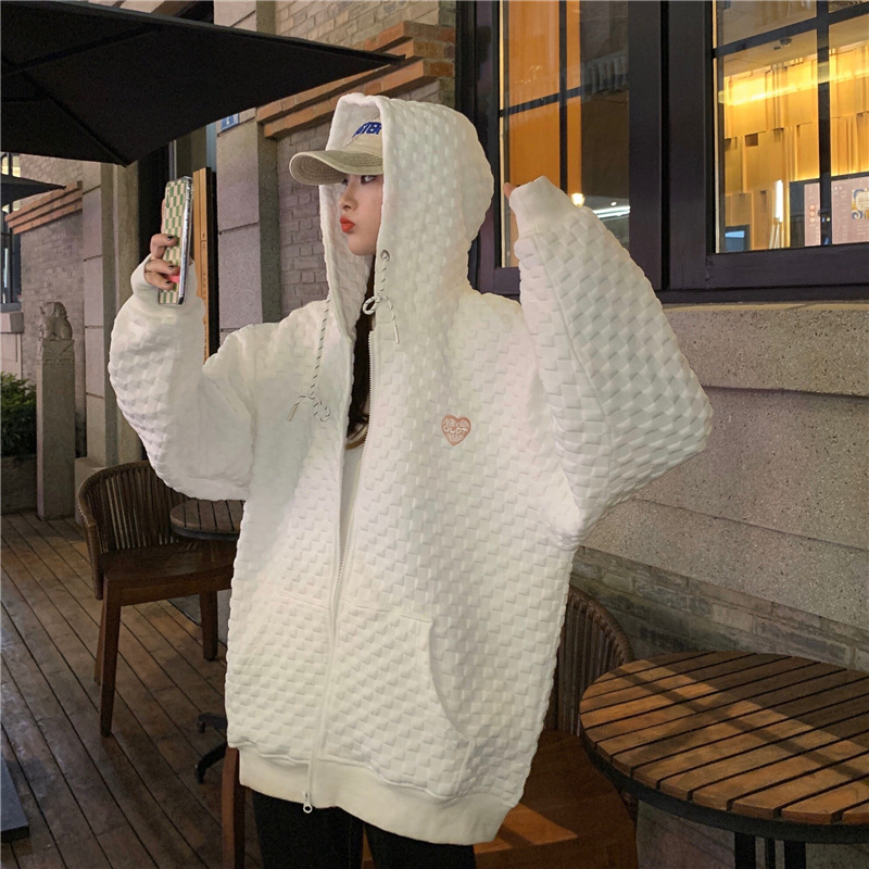 华夫格连帽外套女慵懒学院风开衫卫衣