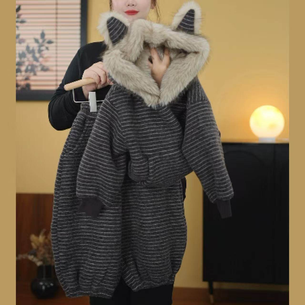 儿童卫衣套装冬季加厚加绒两件套可爱连帽狐狸耳朵条纹网红同款,淘宝优惠券,粉丝福利购,淘宝优惠卷