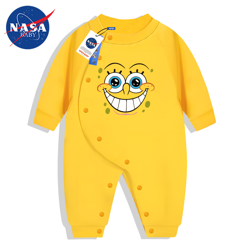 秋季新款可爱海绵宝宝婴儿侧开长袖59码连体衣爬爬服外出a类纯棉 - 图0