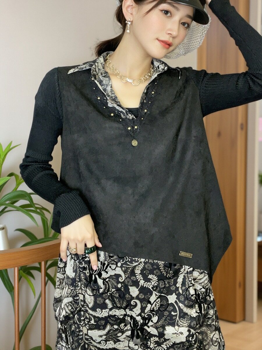 Loose long-sleeved patchwork long-sleeved fake two-piece shirt